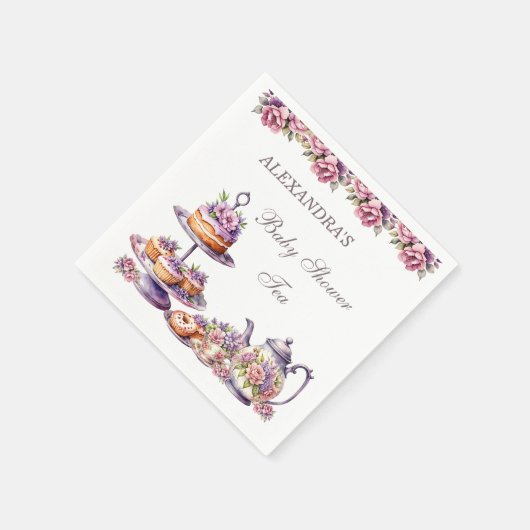 赤面ピンク薄紫フローラティーパーティーベビーシャワー スタンダードカクテルナプキン (角)