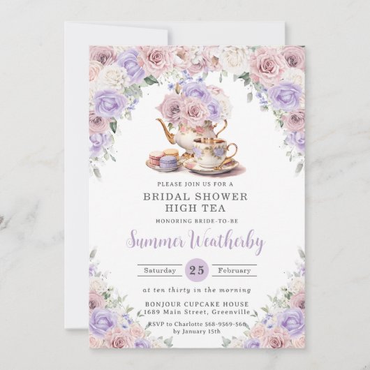 赤面ピンク薄紫ホワイトフローラブライダルシャワー茶 招待状 (正面)