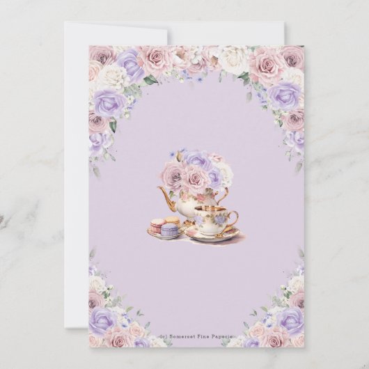 赤面ピンク薄紫ホワイトフローラブライダルシャワー茶 招待状 (裏面)
