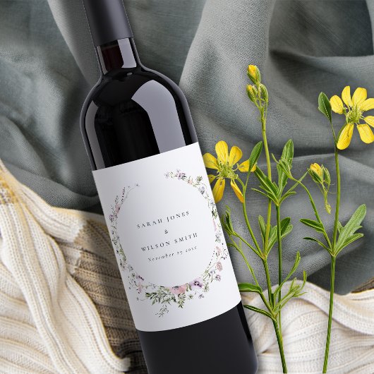 赤面ピンク薄紫ワイルドフラワーサークルフレーム結婚ズ ワインラベル