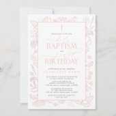 赤面ピンク蝶神聖なバプテスマ&誕生日 招待状 (正面)