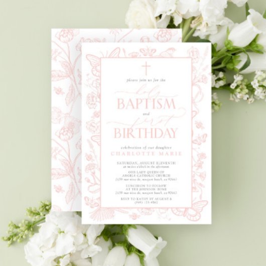 赤面ピンク蝶神聖なバプテスマ&誕生日 招待状