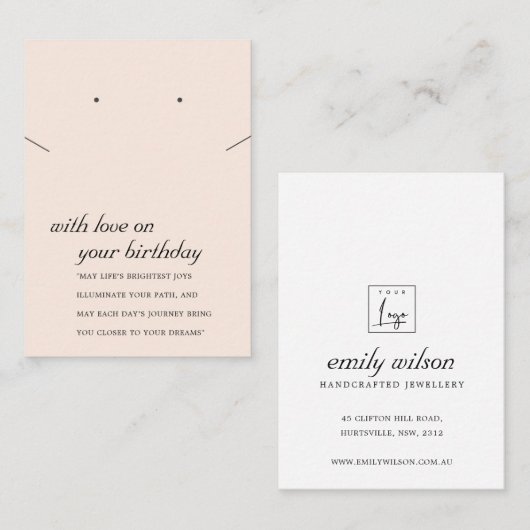 赤面ピンク誕生日ギフトネックレスイヤリングカード プレイスカード (正面/裏面)