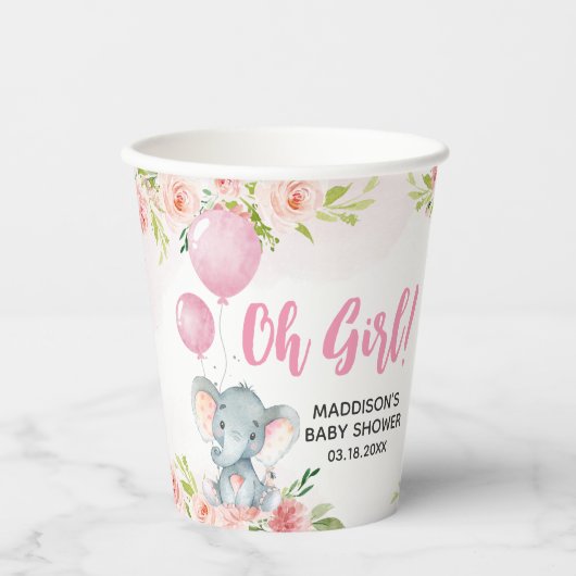 赤面ピンク象のベビーシャワー 紙コップ (正面)