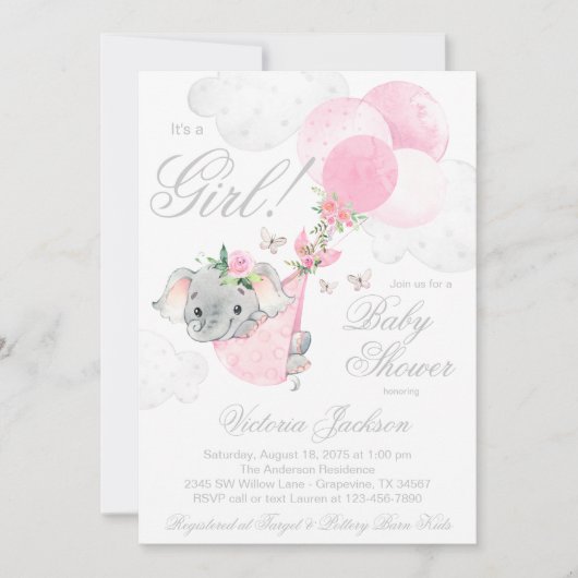赤面ピンク象の風船蝶の赤ちゃんシャワー 招待状 (正面)