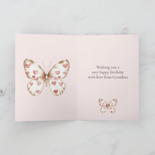 赤面ピンク赤いハートバタフライ誕生日 カード (内部)