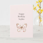 赤面ピンク赤いハートバタフライ誕生日 カード (黄色い花)