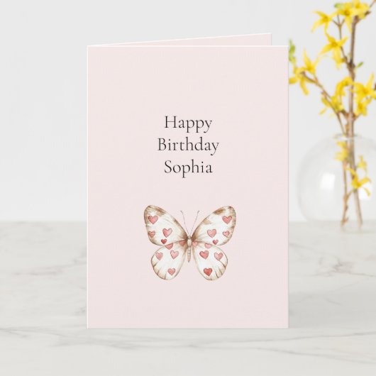 赤面ピンク赤いハートバタフライ誕生日 カード (黄色い花)