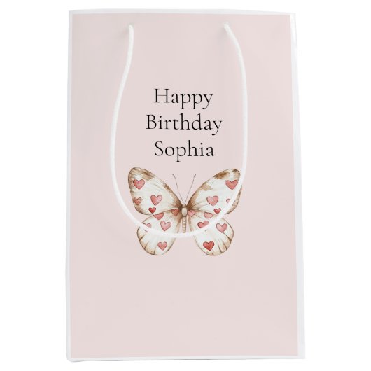 赤面ピンク赤いハートバタフライ誕生日 ミディアムペーパーバッグ (正面)