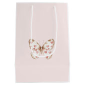 赤面ピンク赤いハートバタフライ誕生日 ミディアムペーパーバッグ (裏面)