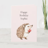 赤面ピンク赤いハートヘッジホッグ誕生日 カード (正面)