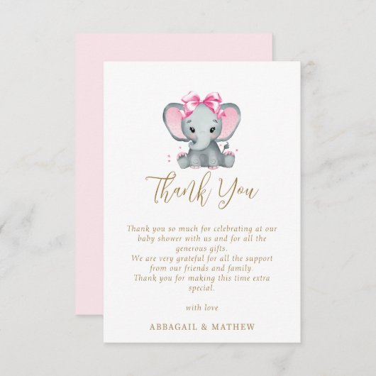 赤面ピンク金ゴールドかわいい象エレガントの赤ちゃんシャワー サンキューカード (正面/裏面)