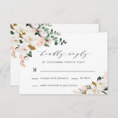 赤面ピンク金ゴールドとホワイトマグノリアフローラ結婚ズ 出欠カード (正面/裏面)