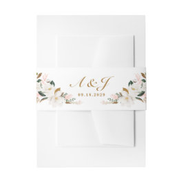 赤面ピンク金ゴールドとホワイトマグノリアフローラ結婚ズ 招待状ベリーバンド