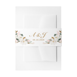 赤面ピンク金ゴールドとホワイトマグノリアフローラ結婚ズ 招待状ベリーバンド