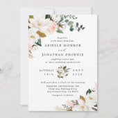 赤面ピンク金ゴールドとホワイトマグノリアフローラ結婚ズ 招待状 (正面)