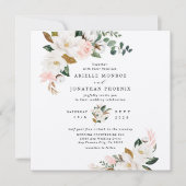 赤面ピンク金ゴールドとホワイトマグノリアフローラ結婚ズ 招待状 (正面)