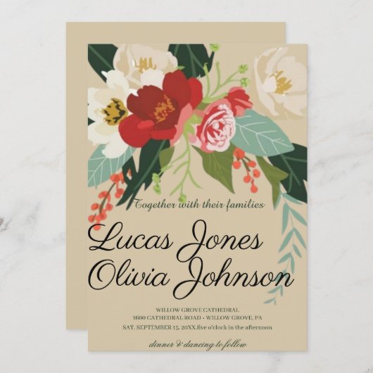 赤面ピンク金ゴールドとホワイトマグノリアフローラ結婚ズ 招待状 (正面/裏面)