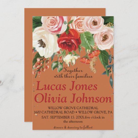 赤面ピンク金ゴールドとホワイトマグノリアフローラ結婚ズ 招待状 (正面/裏面)