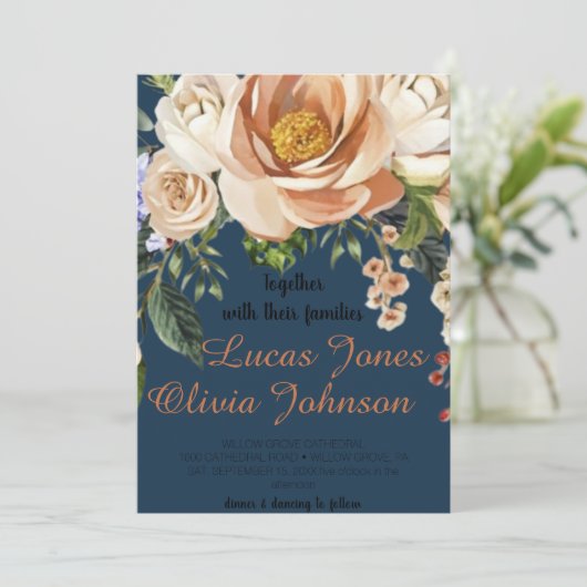 赤面ピンク金ゴールドとホワイトマグノリアフローラ結婚ズ 招待状 (スタンド正面)