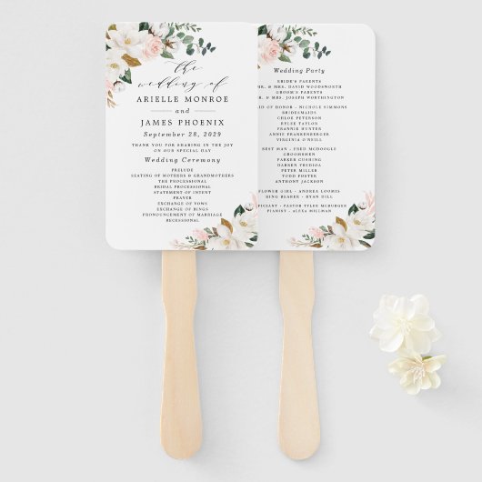 赤面ピンク金ゴールドと白フローラ結婚式 プログラム ハンドファン (正面&裏面)