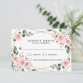 赤面ピンク金ゴールドと白フローラ緑結婚色 出欠カード (スタンド正面)