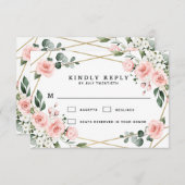 赤面ピンク金ゴールドと白フローラ緑結婚色 出欠カード (正面/裏面)