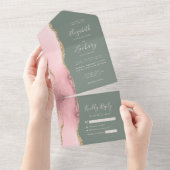 赤面ピンク金ゴールドアゲートセージ結婚グリーン オールインワン招待状 (貼ってはがせる)