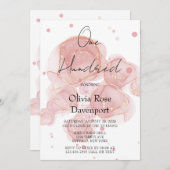 赤面ピンク金ゴールドアルコールインク100th誕生日パーティー 招待状 (正面/裏面)