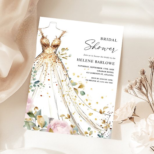 赤面ピンク金ゴールドエレガントフローラブライダルシャワー 招待状