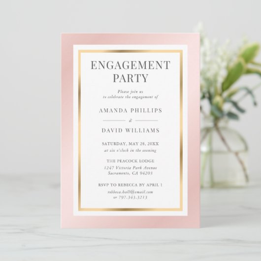赤面ピンク金ゴールドエレガントモダン婚約パーティ 招待状 (スタンド正面)