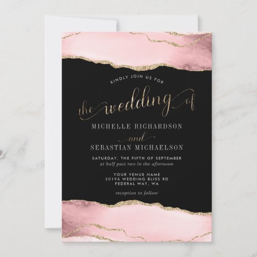 赤面ピンク金ゴールドエレガントAgate Water 結婚 Color's 招待状 (正面)