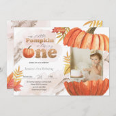 赤面ピンク金ゴールドカボチャ最初の誕生日と写真 招待状 (正面/裏面)