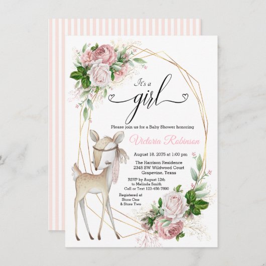 赤面ピンク金ゴールドガールディアベビーシャワー 招待状 (正面/裏面)