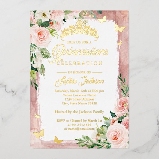 赤面ピンク金ゴールドキンセアニェラフローラ蝶 箔招待状 (正面)