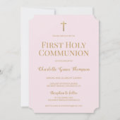 赤面ピンク金ゴールドクロスカールファースト聖餐式 招待状 (正面)