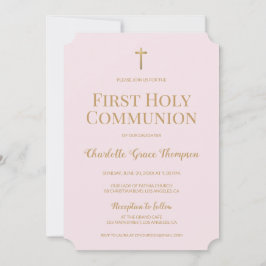 赤面ピンク金ゴールドクロスカールファースト聖餐式 招待状