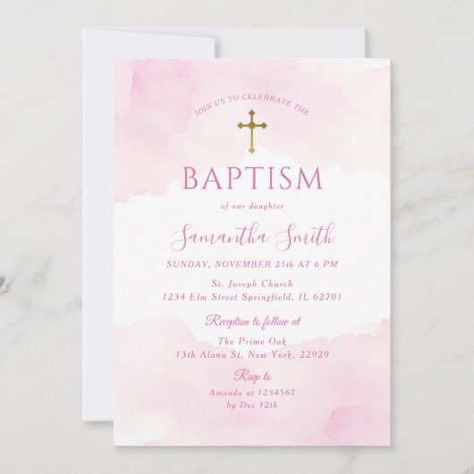 赤面ピンク金ゴールドクロスガール《キリスト教》洗礼式や命名式バプテスマ 招待状 (正面)