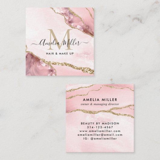 赤面ピンク金ゴールドグリッターアゲートヘアメイクアップモノグラム スクエア名刺 (正面/裏面)