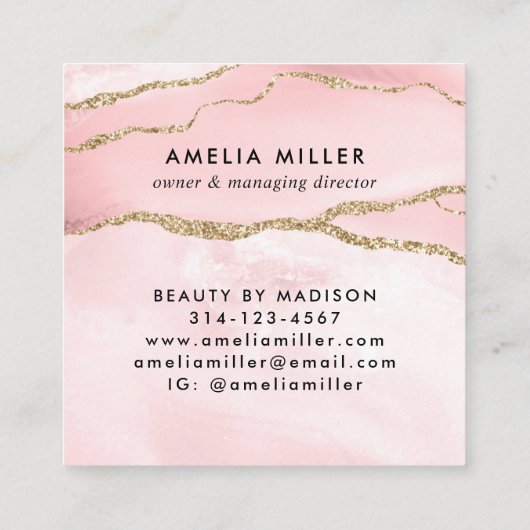 赤面ピンク金ゴールドグリッターアゲートヘアメイクアップモノグラム スクエア名刺 (裏面)