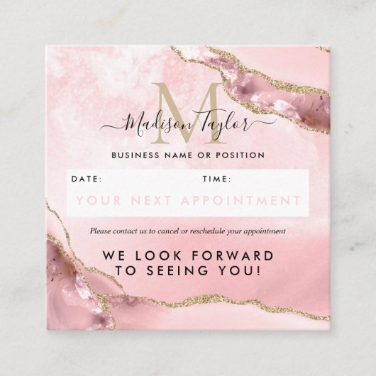 赤面ピンク金ゴールドグリッターアゲートマーブルモノグラムキュート 予約カード (正面)
