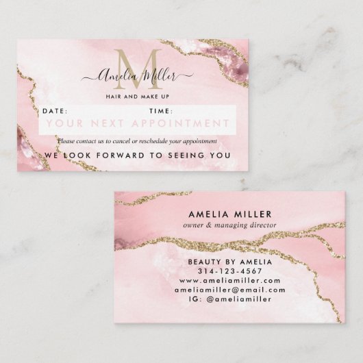 赤面ピンク金ゴールドグリッターアゲートマーブルモノグラムキュート 予約カード (正面/裏面)