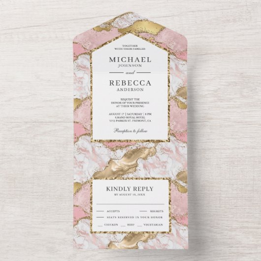 赤面ピンク金ゴールドグリッターアゲートマーブル結婚ズ オールインワン招待状 (内側)