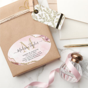 赤面ピンク金ゴールドグリッターアゲートモノグラムビジネス 楕円形シール