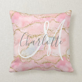 赤面ピンク金ゴールドグリッターアゲートモノグラム クッション