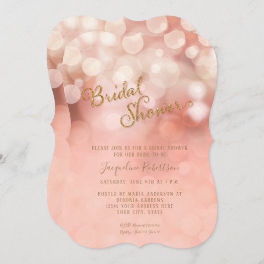 赤面ピンク金ゴールドグリッタースパークルブライダルシャワー 招待状 (正面/裏面)