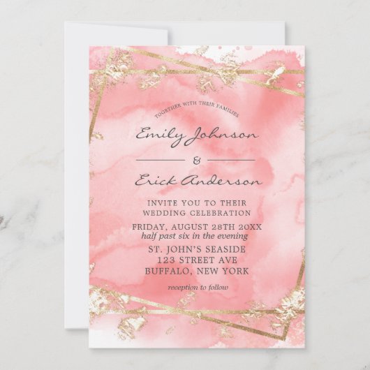 赤面ピンク金ゴールドグリッターフェアリータ結婚ーレ 招待状 (正面)