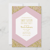 赤面ピンク金ゴールドグリッターフレークスグラムスウィート16パーティー 招待状 (正面)