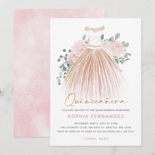 赤面ピンク金ゴールドグリッターフローラドレスキンセアニラ 招待状 (正面/裏面)