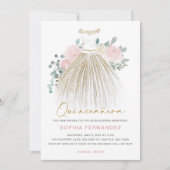 赤面ピンク金ゴールドグリッターフローラドレスキンセアニラ 招待状 (正面)